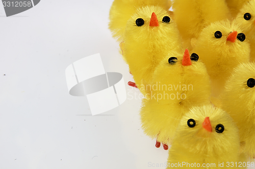 Image of Little yellow chickens. Easter decorations.