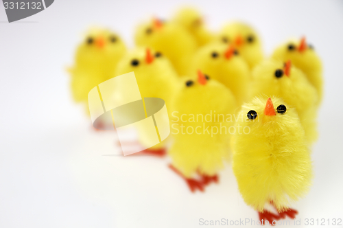 Image of Little yellow chickens. Easter decorations.