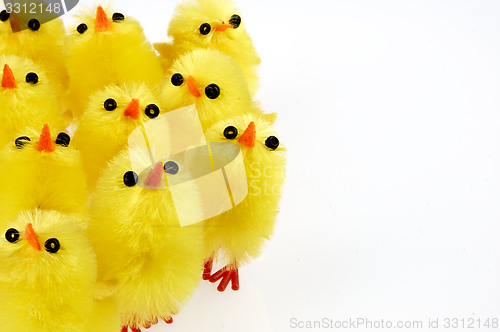 Image of Little yellow chickens. Easter decorations.