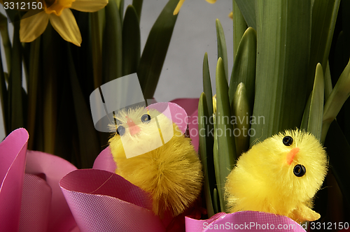 Image of Little yellow chickens. Easter decorations.