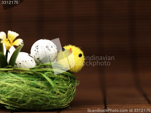 Image of Easter chicken and eggs in the nest.