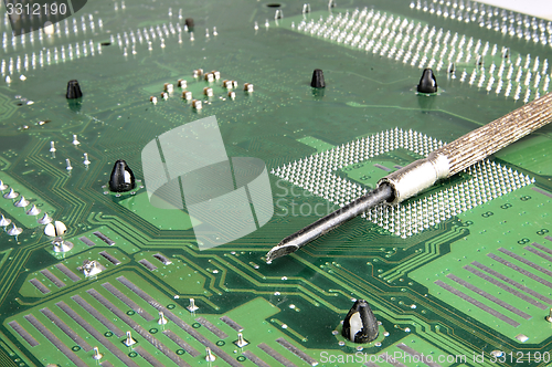 Image of Computer motherboard and Screwdriver.