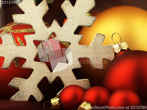 Image of Huge snowflake and Christmas balls.