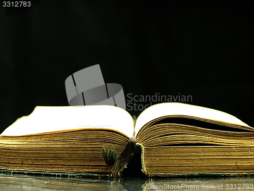 Image of Old, open book with a damaged cover.