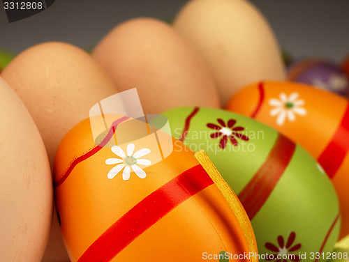 Image of Colorful Easter eggs in the company of ordinary eggs.