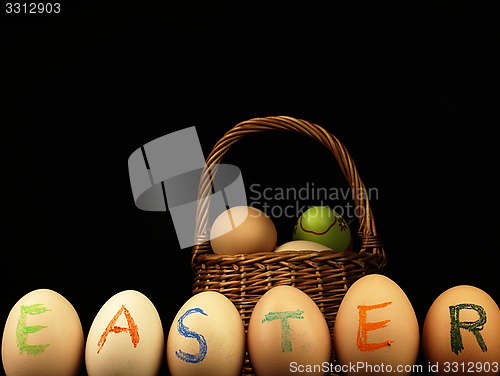 Image of Easter written on eggs.