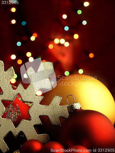 Image of Huge snowflake and Christmas balls.