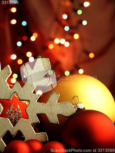 Image of Huge snowflake and Christmas balls.