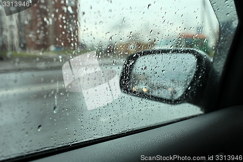 Image of rain outside the window of the car