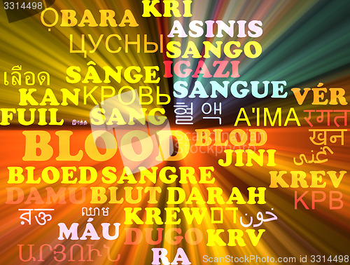 Image of Blood multilanguage wordcloud background concept glowing