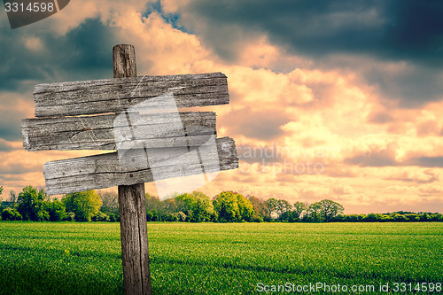 Image of Wooden sign on a green field