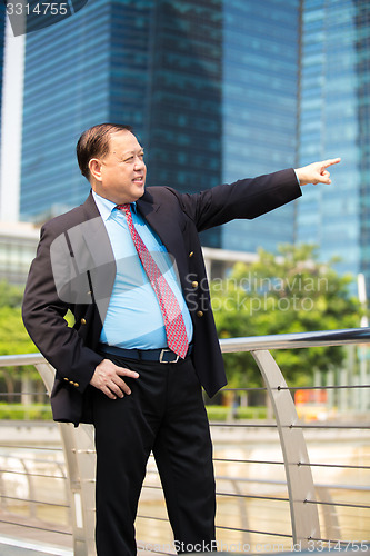 Image of Senior businessman in suit pointing at a direction