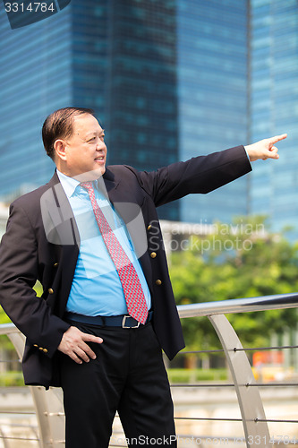 Image of Senior businessman in suit pointing at a direction