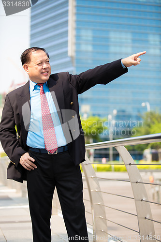 Image of Senior businessman in suit pointing at a direction