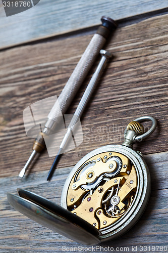 Image of reverse side of the vintage pocket watch and a screwdriver