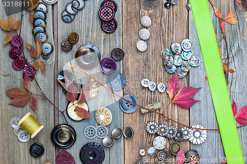 Image of vintage buttons, reel with thread, herbarium and green tape