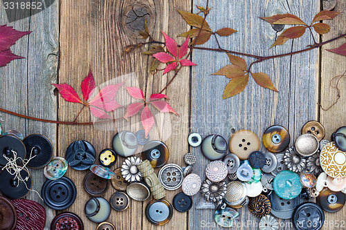 Image of vintage buttons with dried branches and red leaves