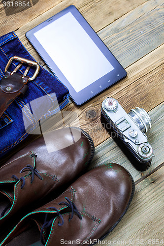 Image of traveler set with digitizer, rangefinder camera, woolen sweater 