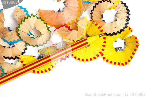 Image of one colored pencil and shavings on the white