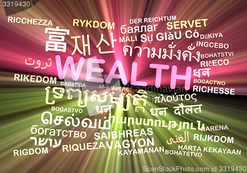 Image of Wealth multilanguage wordcloud background concept glowing