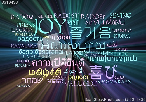 Image of joy multilanguage wordcloud background concept glowing