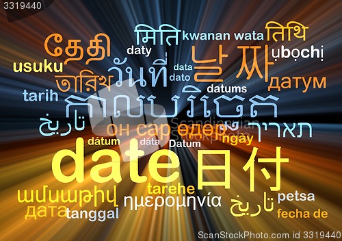 Image of Date multilanguage wordcloud background concept glowing