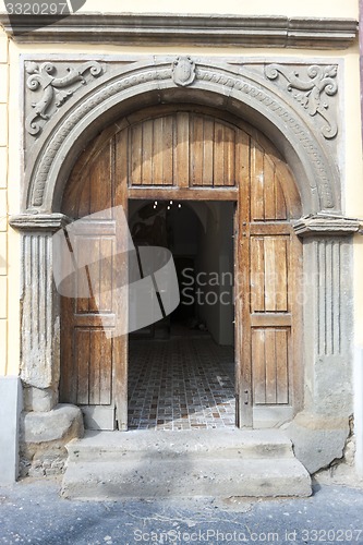 Image of Traditional wooden door in the town, Slovakia