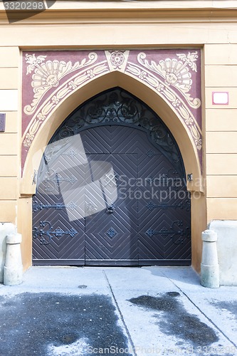 Image of Traditional wooden door in the town, Slovakia