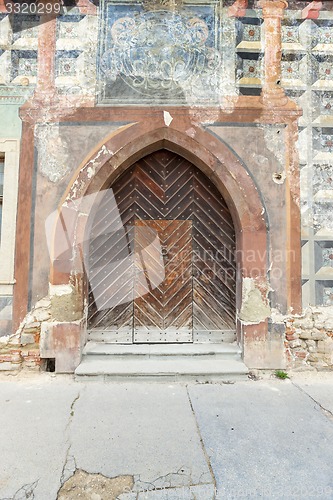 Image of Traditional wooden door in the town, Slovakia