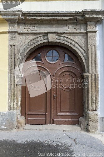 Image of Traditional wooden door in the town, Slovakia