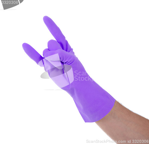 Image of Hand in rubber gloves gesturing, close up