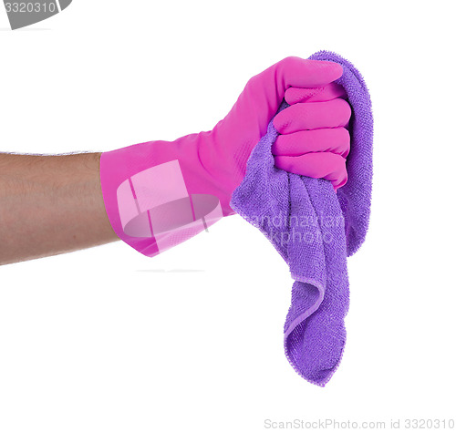 Image of Hand wearing rubber glove and hold rag(mop)