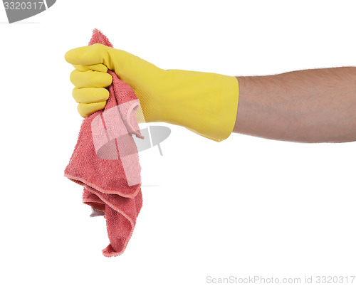 Image of Hand wearing rubber glove and hold rag(mop)