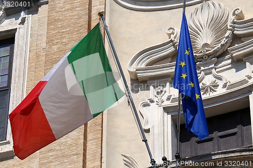 Image of Flags of Italy and European Union waving in Rome, Italy