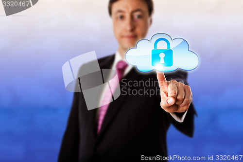 Image of Smiling Businessman Touching A Locked Cloud Icon