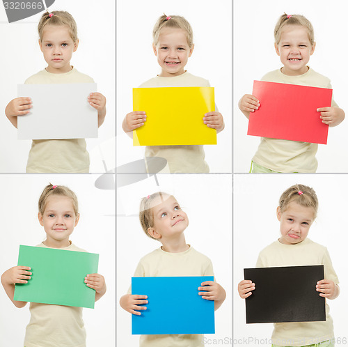 Image of Collage of six portraits emotional girl with colored cards