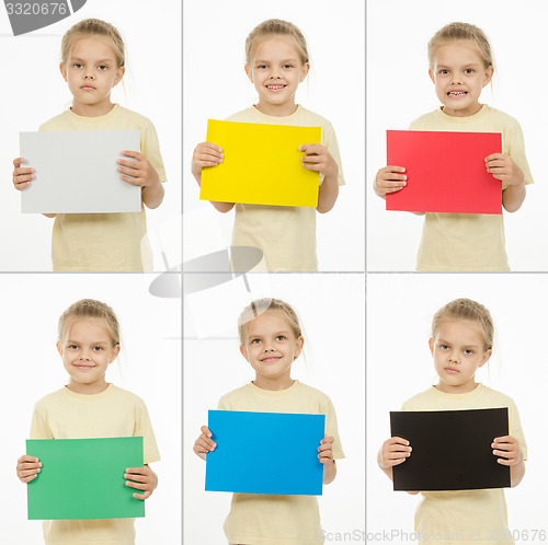 Image of Collage of six portraits girls with different colored monochromatic cards