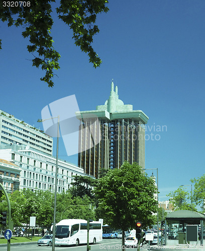 Image of modern office building street scene Madrid Spain