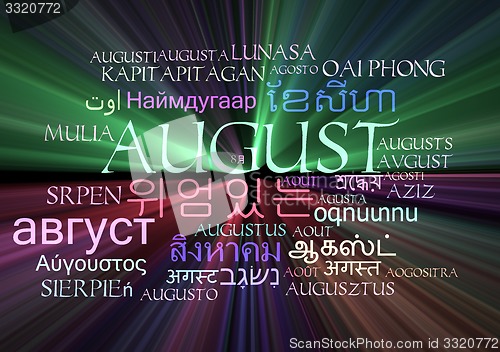 Image of August multilanguage wordcloud background concept glowing