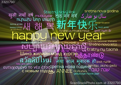 Image of Happy new year multilanguage wordcloud background concept glowin