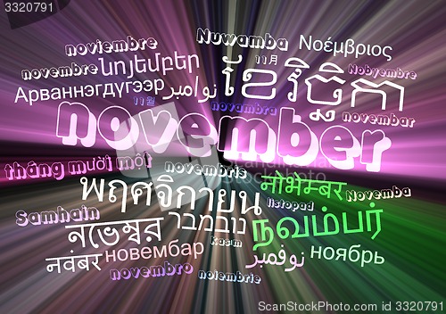 Image of November multilanguage wordcloud background concept glowing
