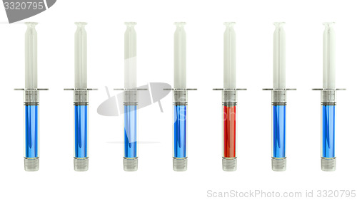 Image of Red syringe among blue ones as right medical choice