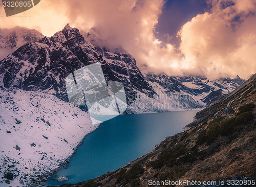 Image of Panoramic view of sunset and lake in the Himalayas