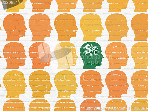 Image of Finance concept: head with finance symbol icon on wall background