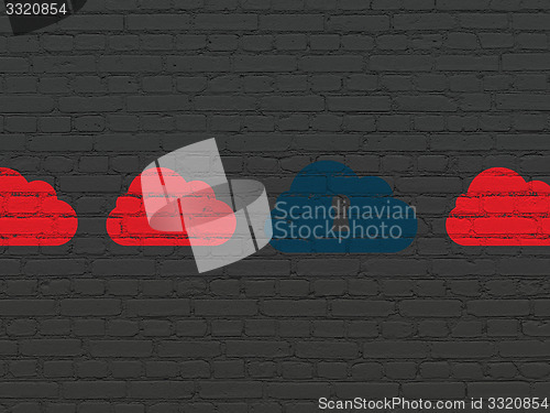 Image of Cloud technology concept: cloud with keyhole icon on wall background