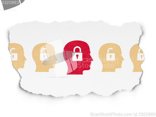 Image of Protection concept: head with padlock icon on Torn Paper background