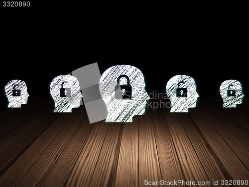 Image of Business concept: head with padlock icon in grunge dark room