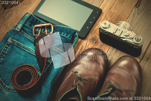 Image of Set for the traveler with a digitizer, rangefinder camera, blue 