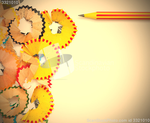 Image of one colored pencil and shavings on the white
