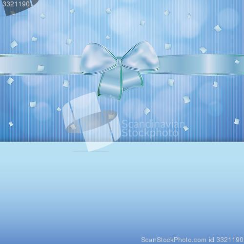 Image of blue gift card with ribbon and confetti
